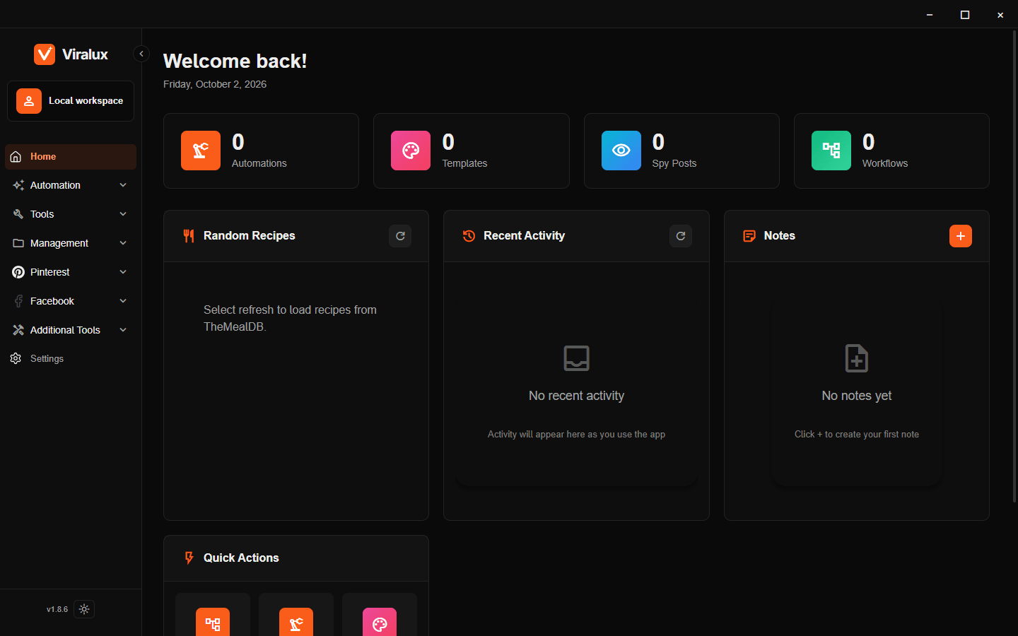 Viralux home screen in dark mode, showing automations, templates, spy posts and workflows